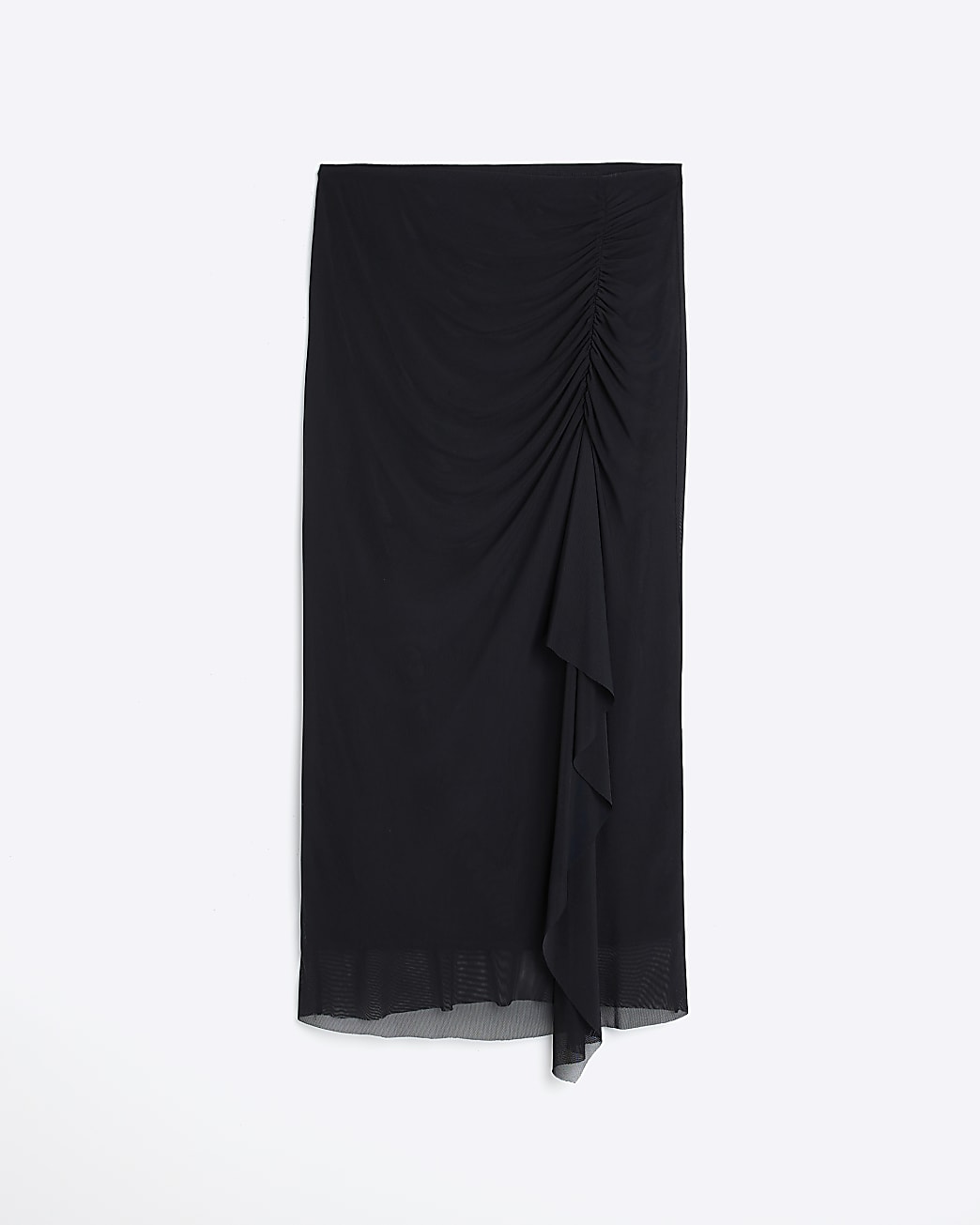 Black mesh drape ruched midi skirt