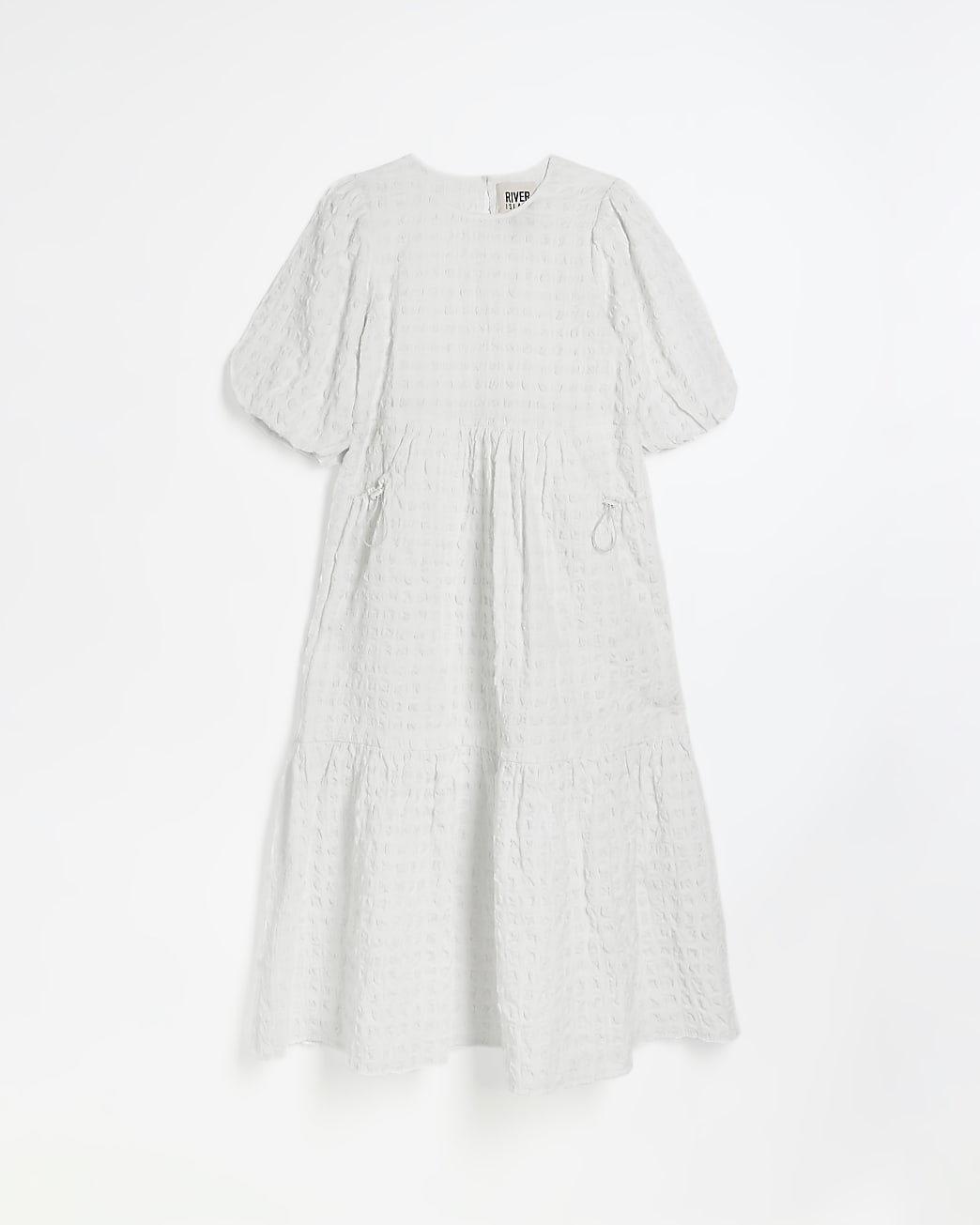 White textured puff sleeve smock midi dress