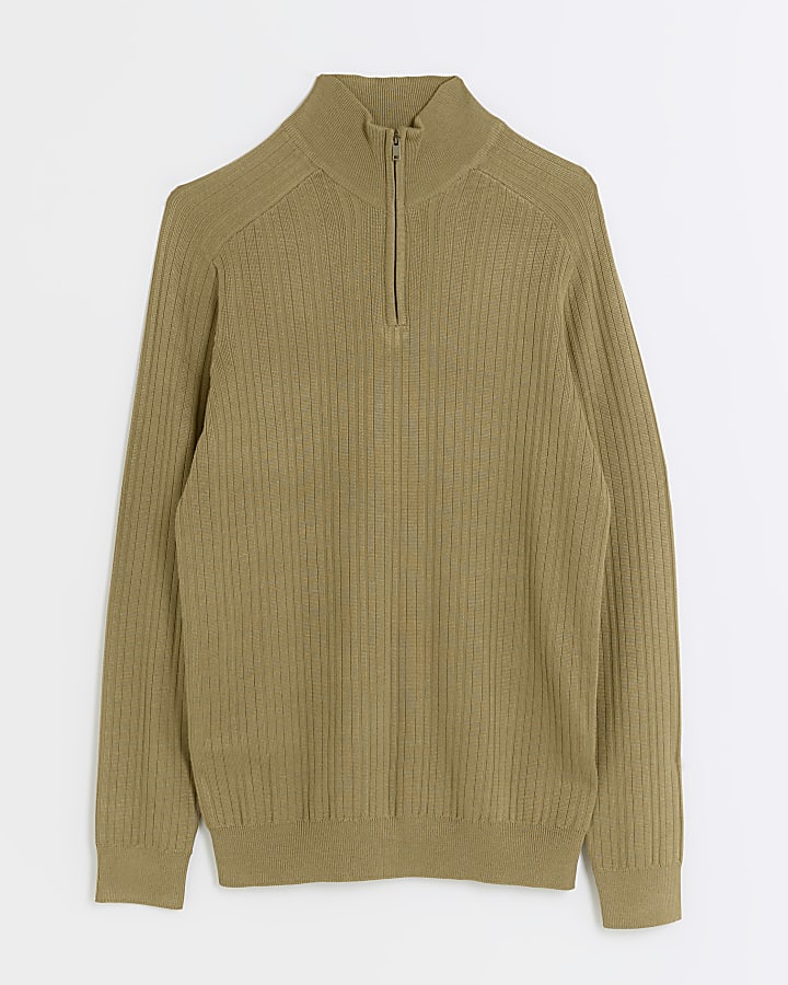 Khaki Muscle Fit Rib Half Zip Jumper
