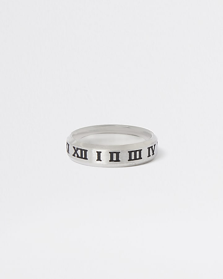 Silver colour engraved roman numerals ring