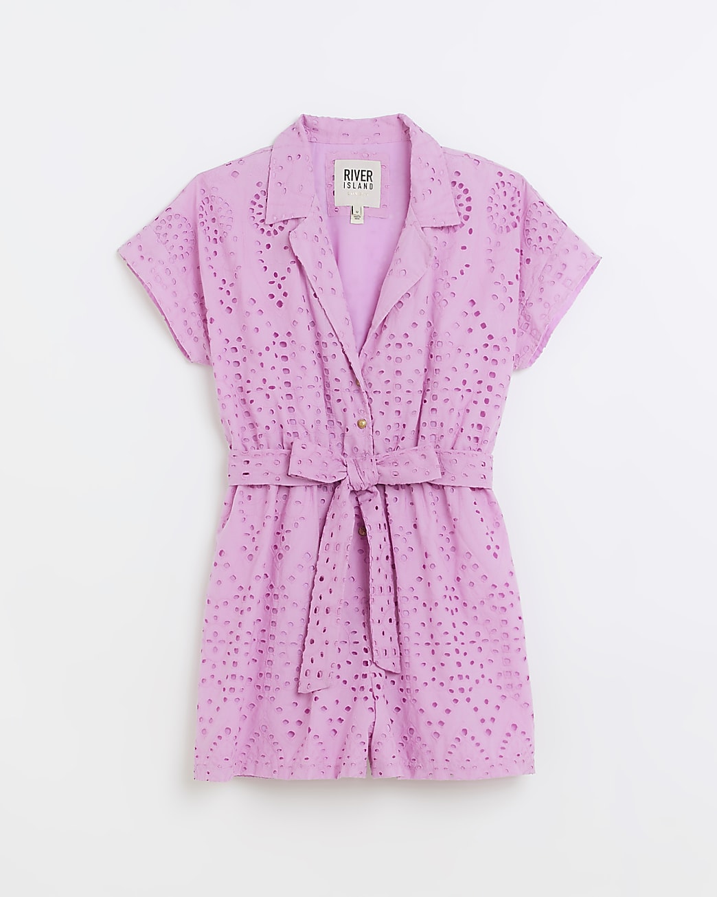 Petite pink linen broderie playsuit