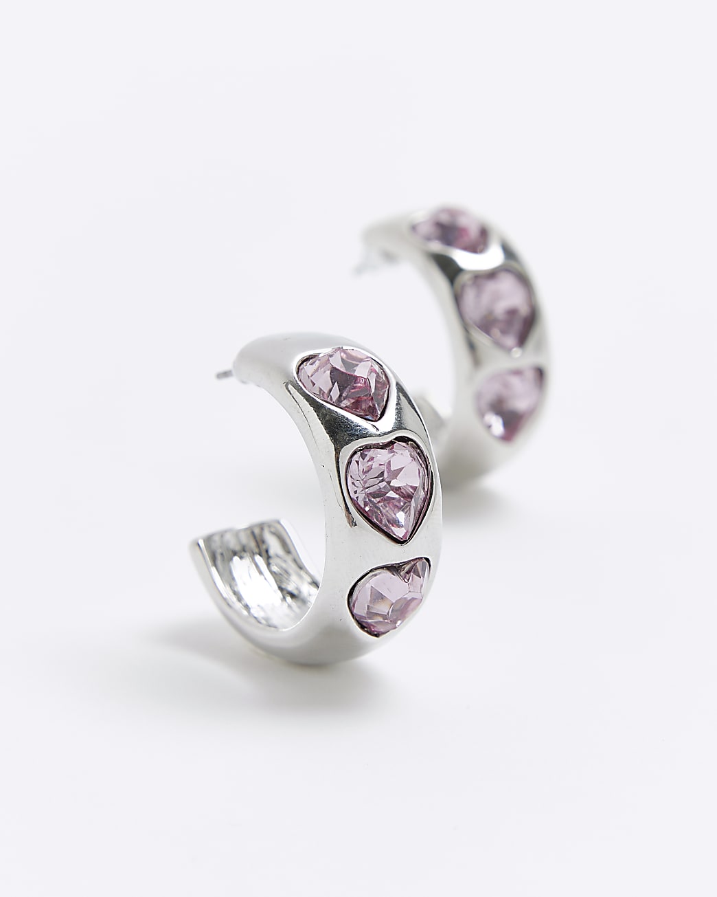 Silver Pink Heart Stone Hoops