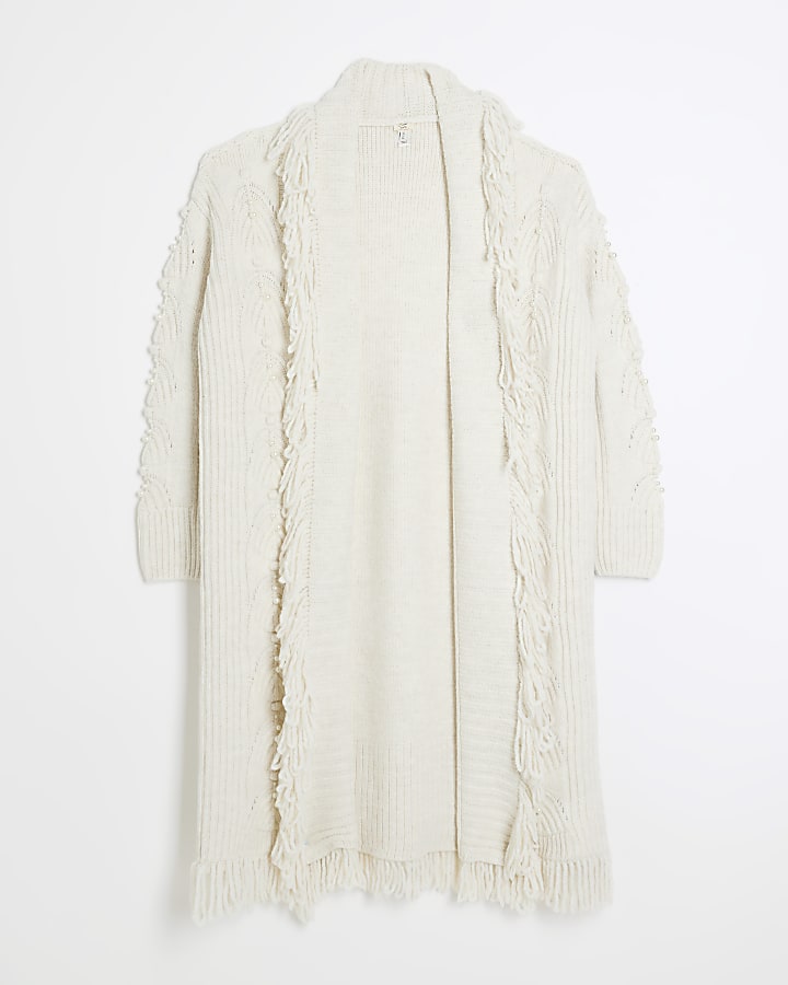 Cream pearl detail longline fringe cardigan