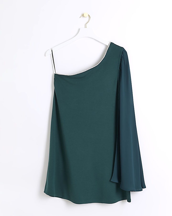 Green embellished cape shift mini dress