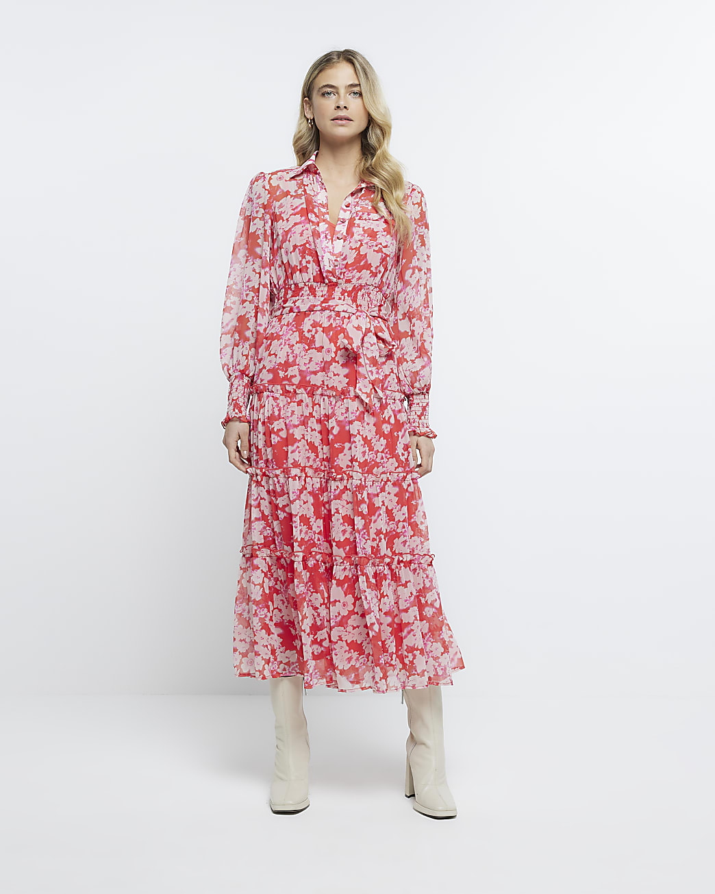 Red print long sleeve midi shirt dress