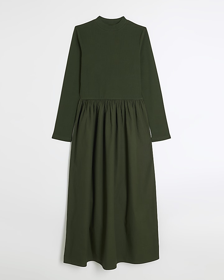 Khaki rib long sleeve smock midi dress