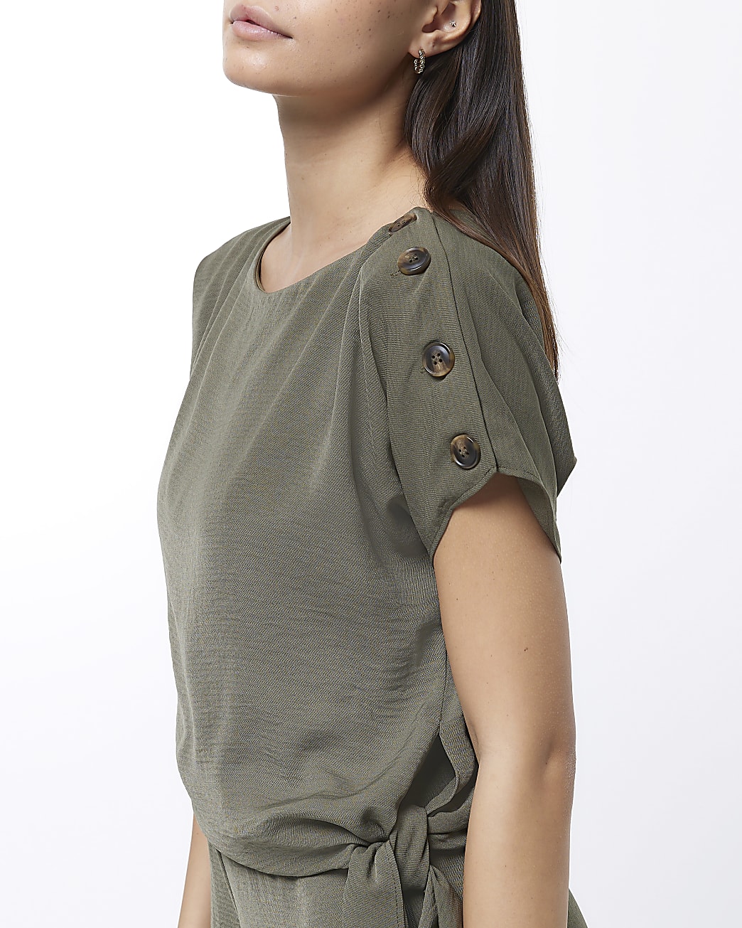 Khaki wrap short sleeve jumpsuit