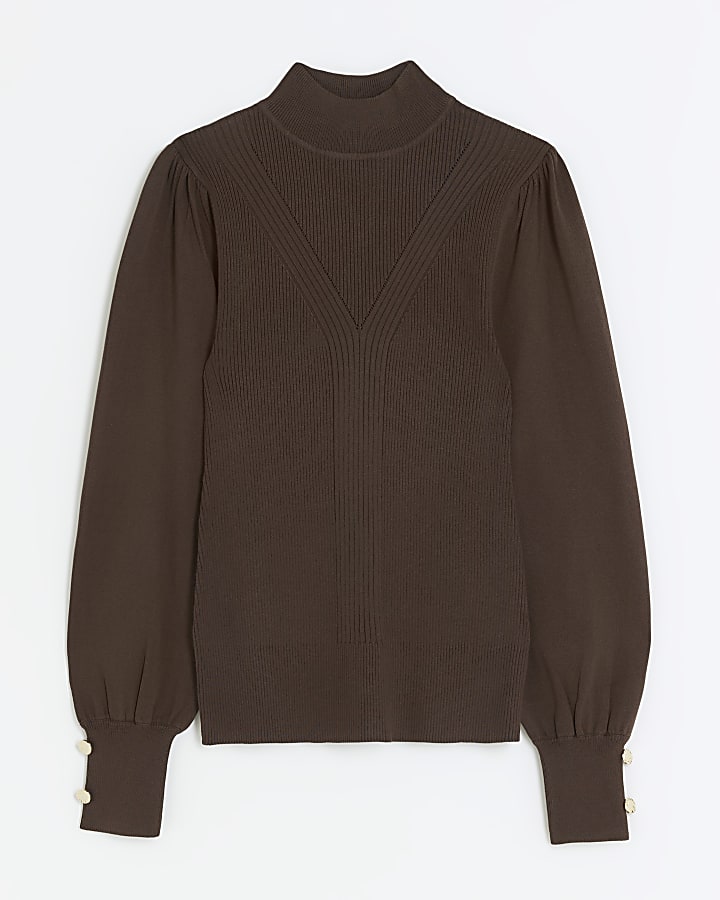 Brown rib high neck long sleeve top