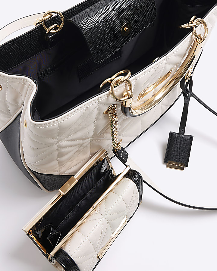 Cream quilted chain tote bag and purse