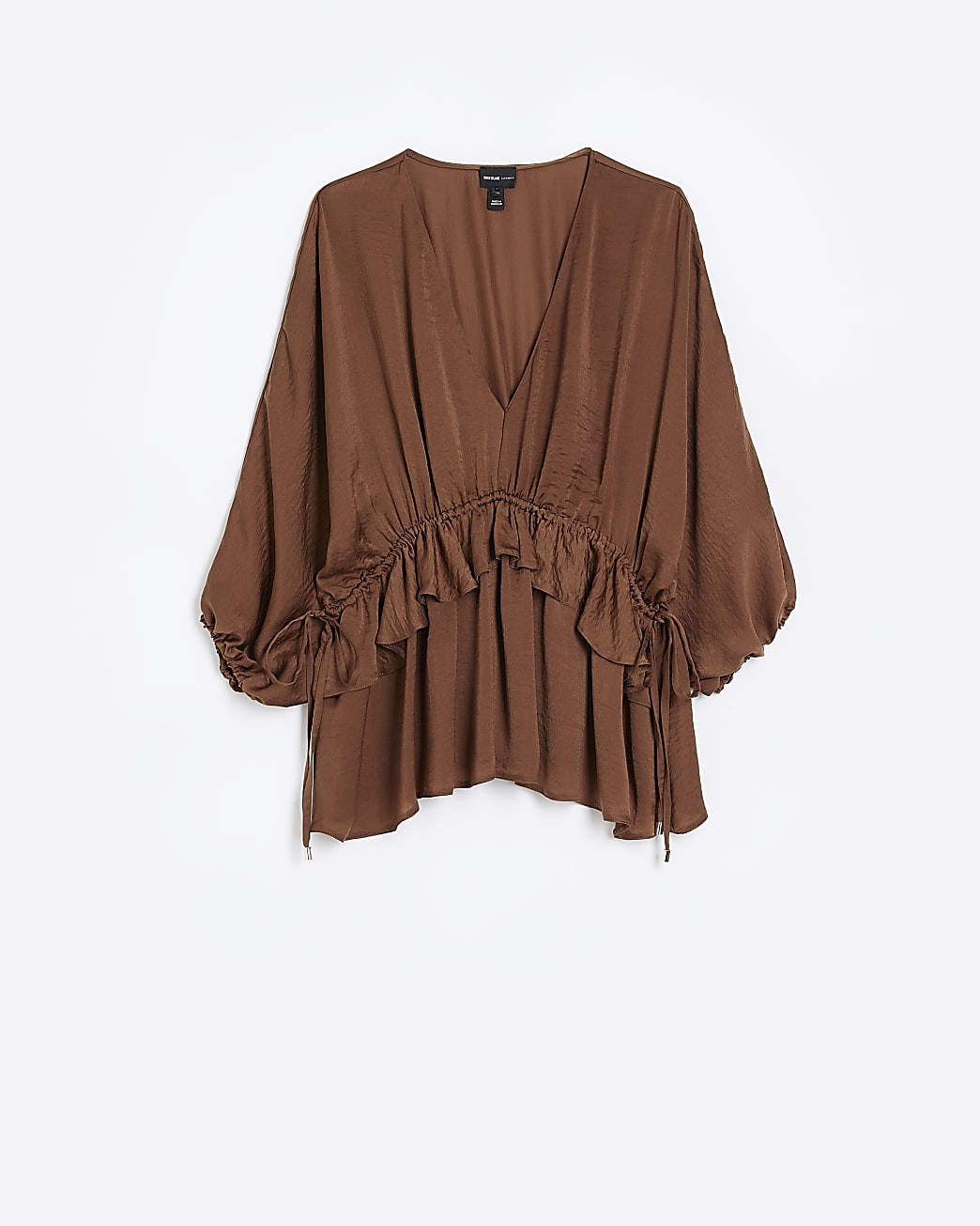 Brown satin frill detail blouse