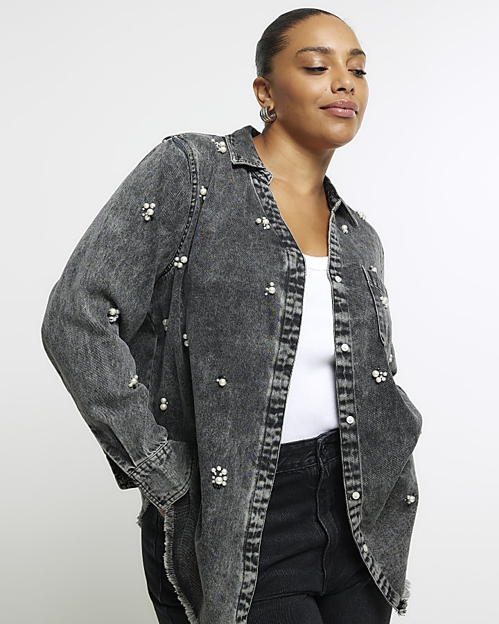 Plus black denim embellished shirt