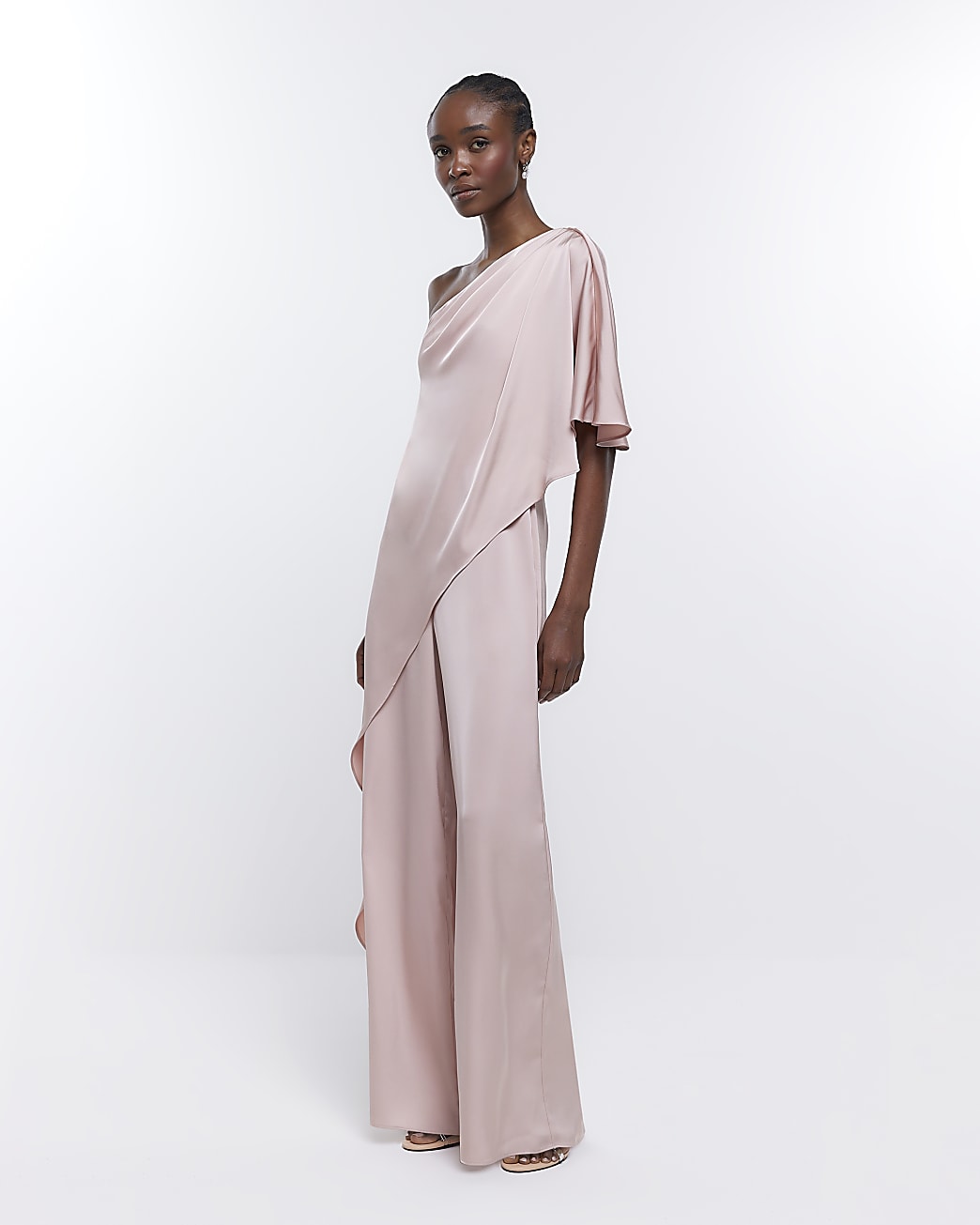 Pink Bridesmaid Drape Shoulder Jumpsuit