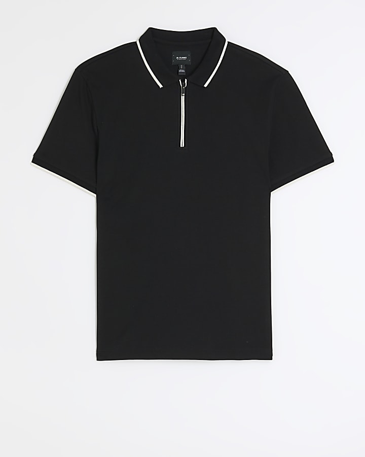 Black slim fit interlock taped polo