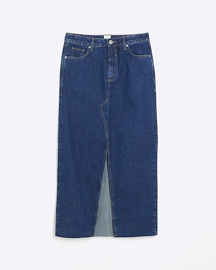 Blue split hem denim maxi skirt