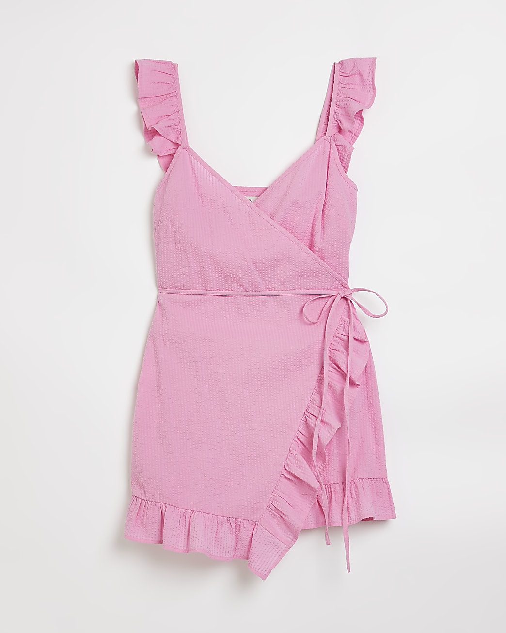 Petite pink ribbed wrap mini dress