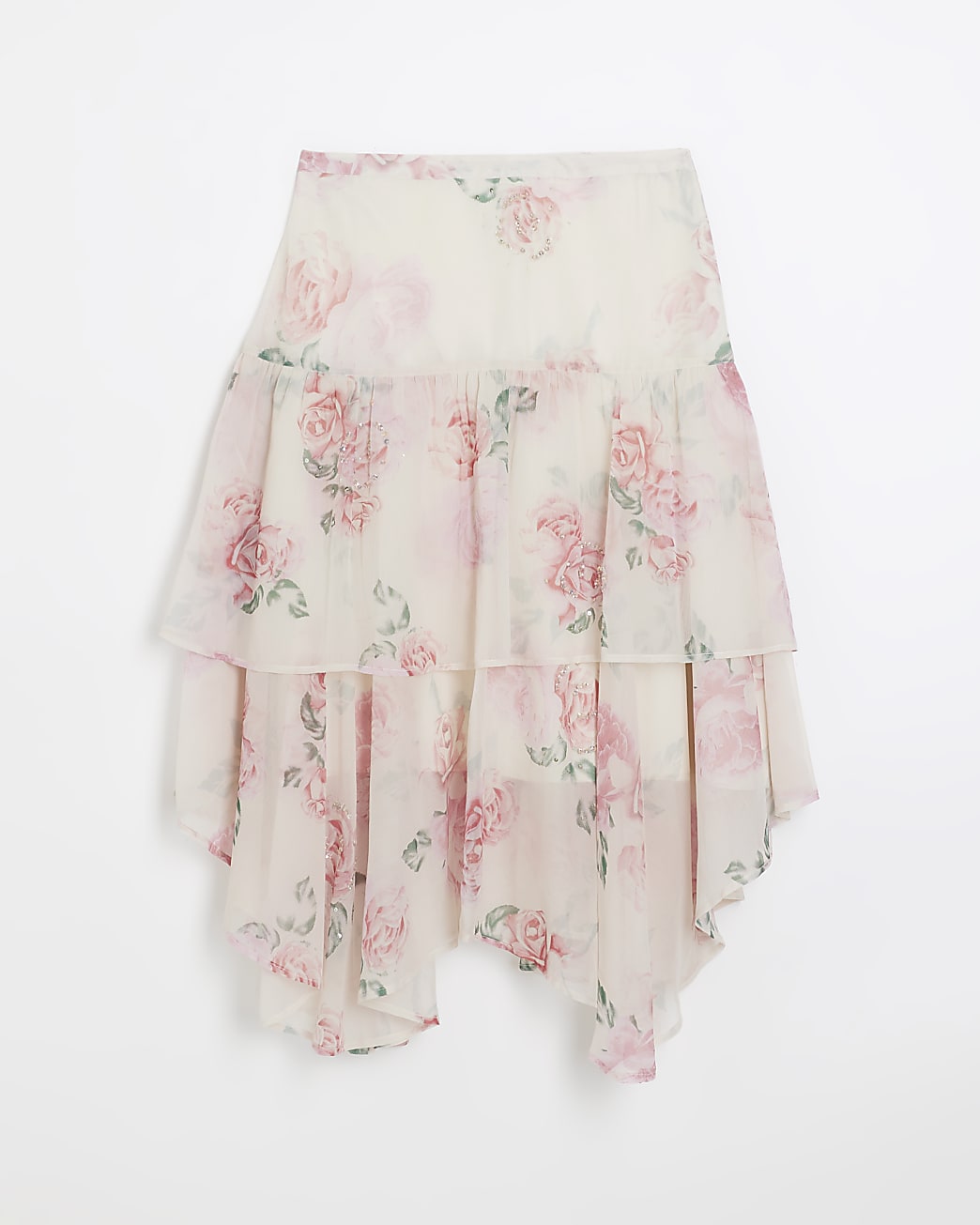 Pink floral tiered midi skirt