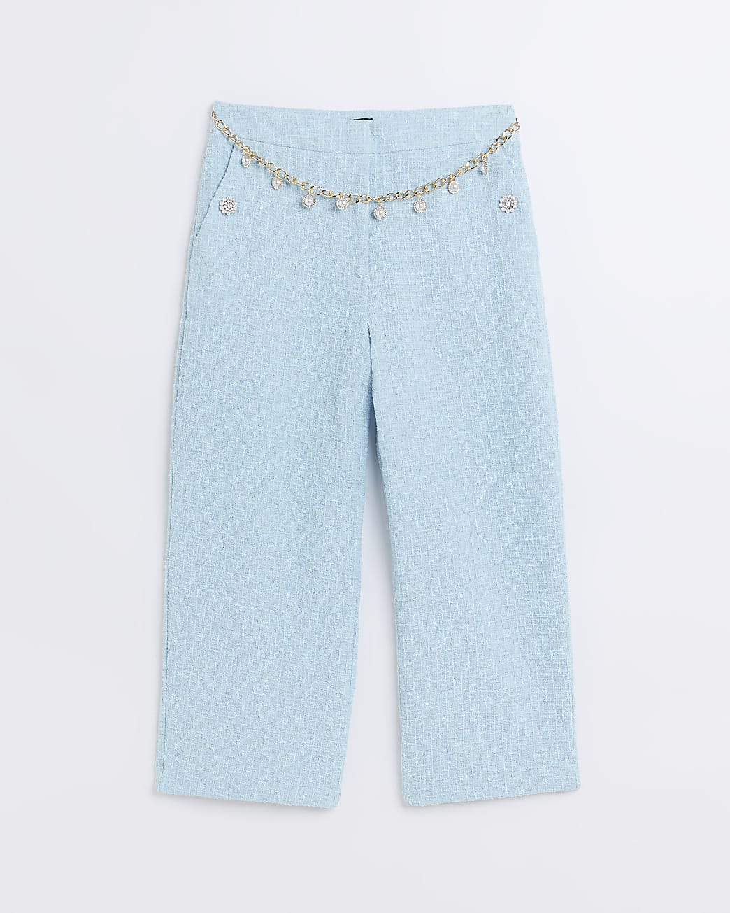 Blue boucle belted crop trousers