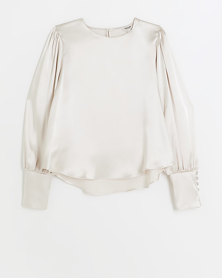 Beige satin cuffed long sleeve top