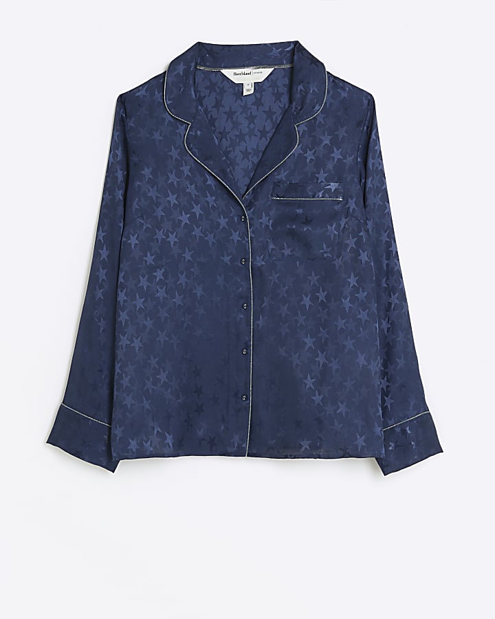Navy jacquard star pyjama shirt