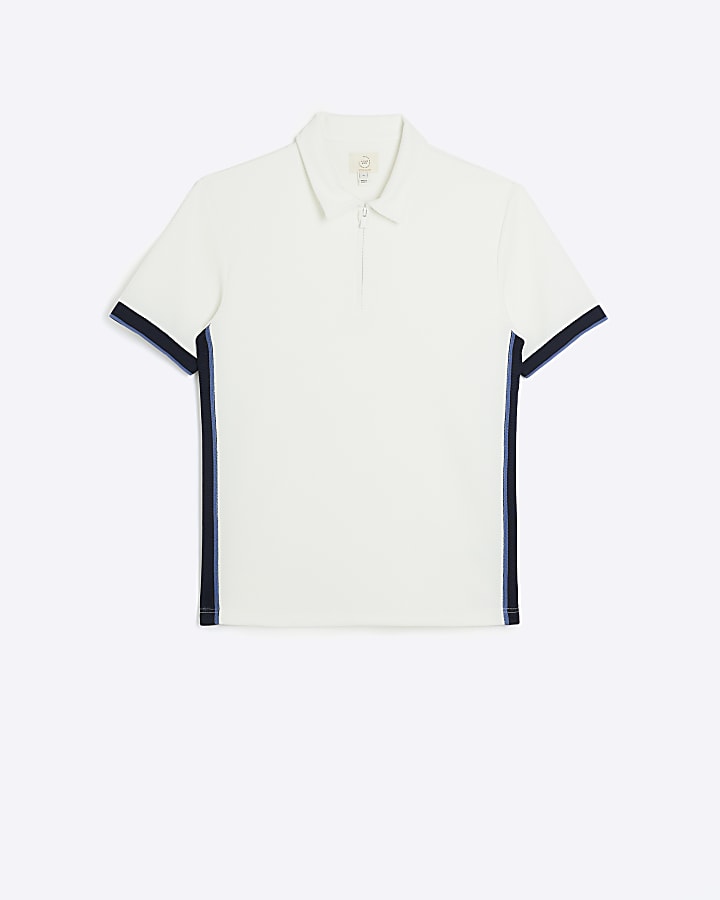White slim fit textured taped polo shirt
