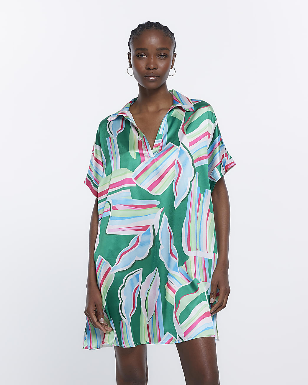 Green abstract print mini shirt dress