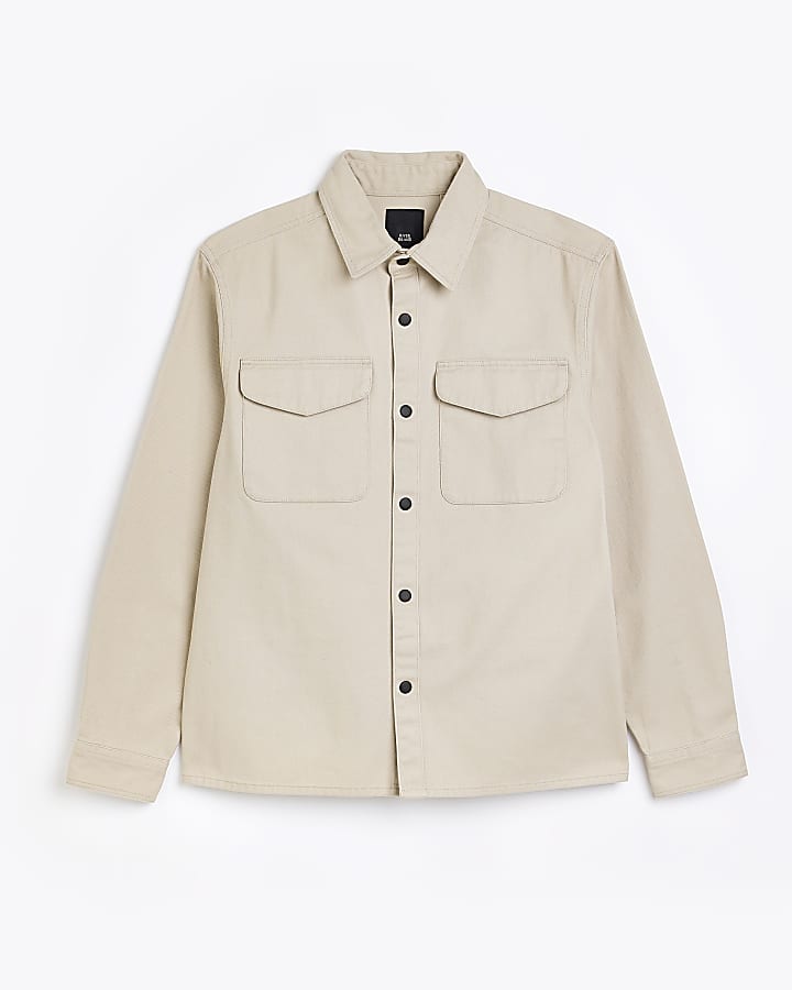 Beige regular fit long sleeve shacket