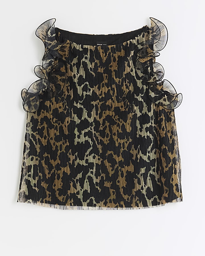 Brown plisse animal print frill vest top