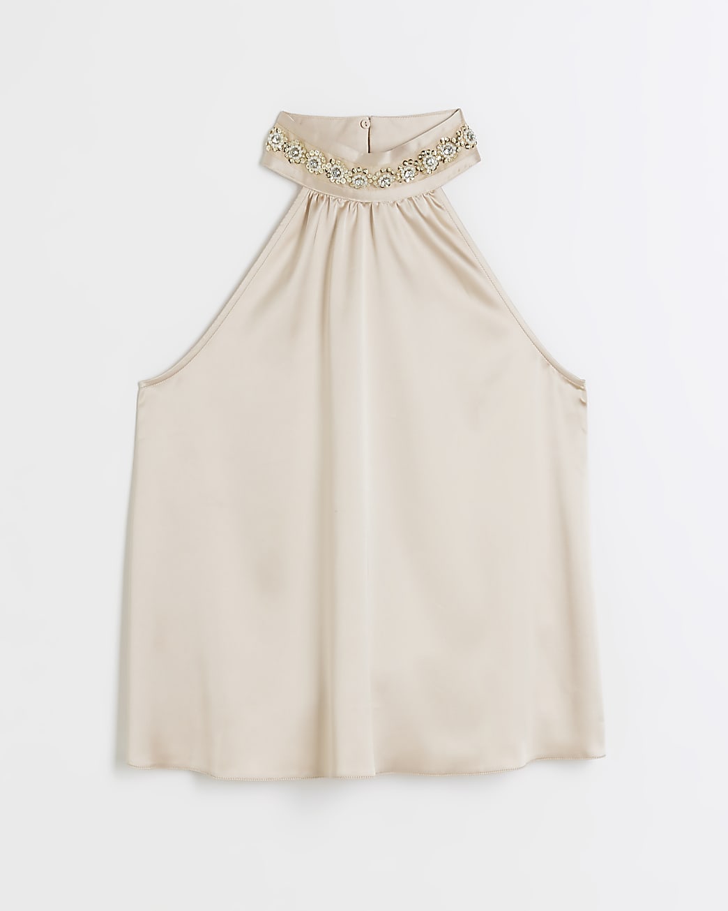 Beige satin embellished halter neck blouse