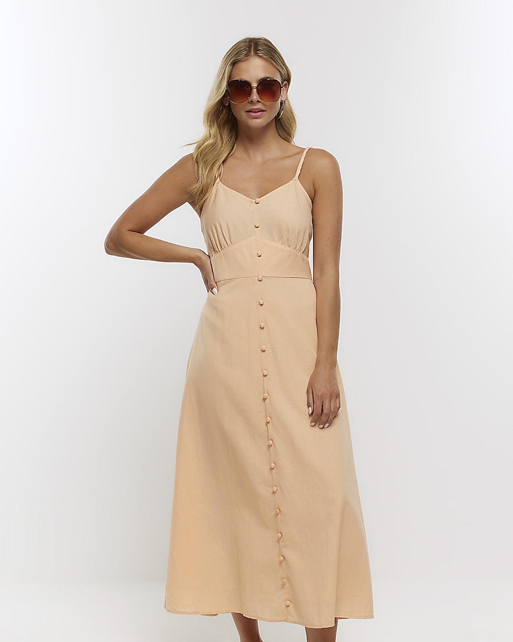 Coral button cami midi dress with linen