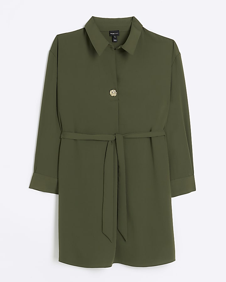 Khaki belted mini shirt dress