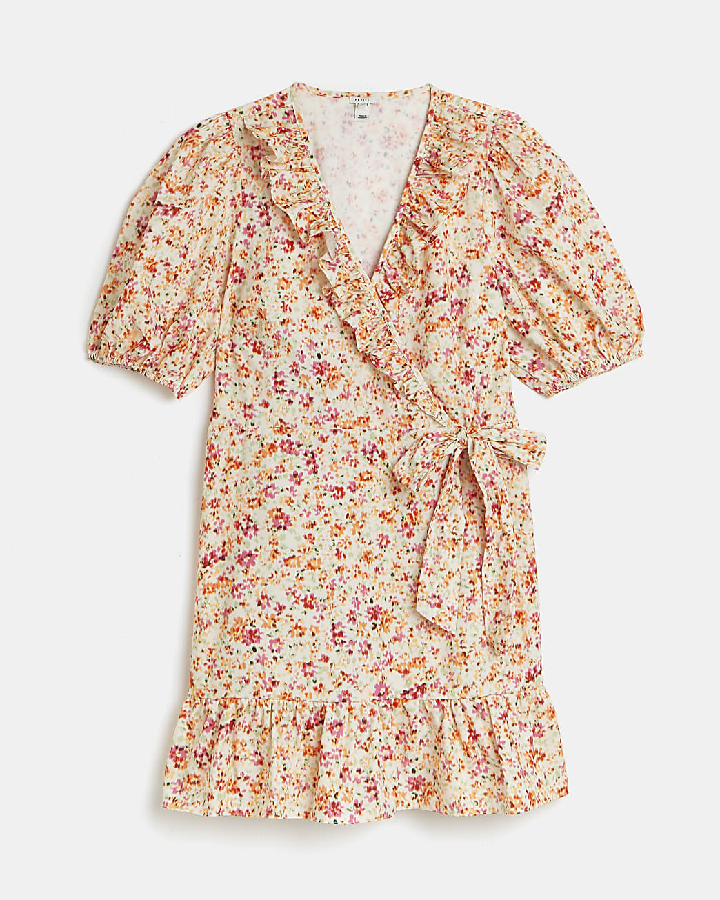 Petite orange floral wrap mini dress