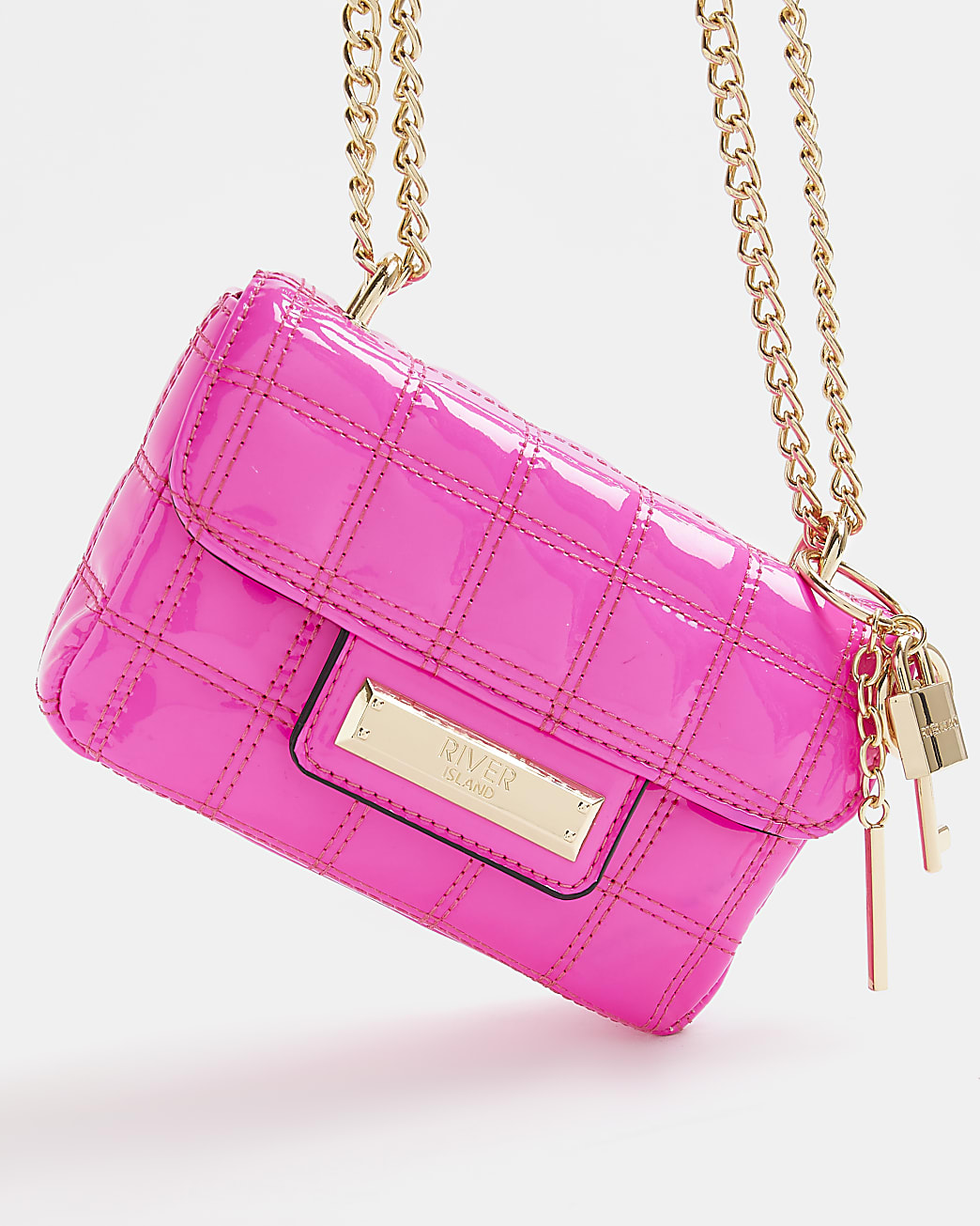 Pink patent quilted shoulder bag