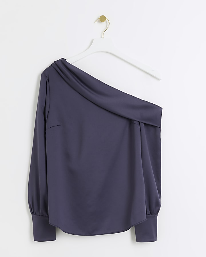 Grey satin off shoulder top