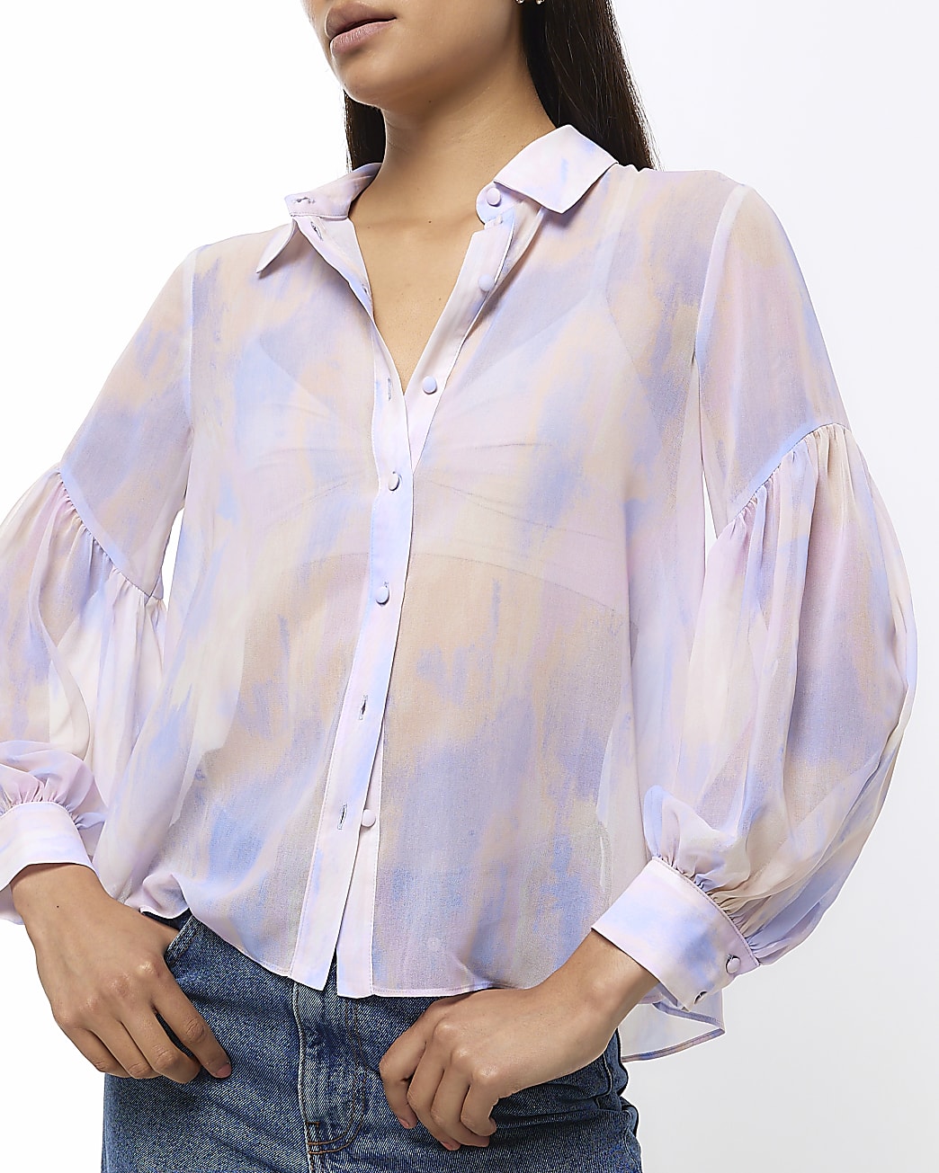 Blue chiffon abstract puff sleeve shirt