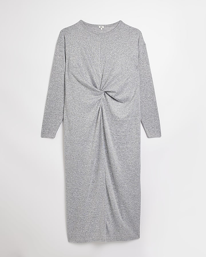 Grey long sleeve twist front midi dress