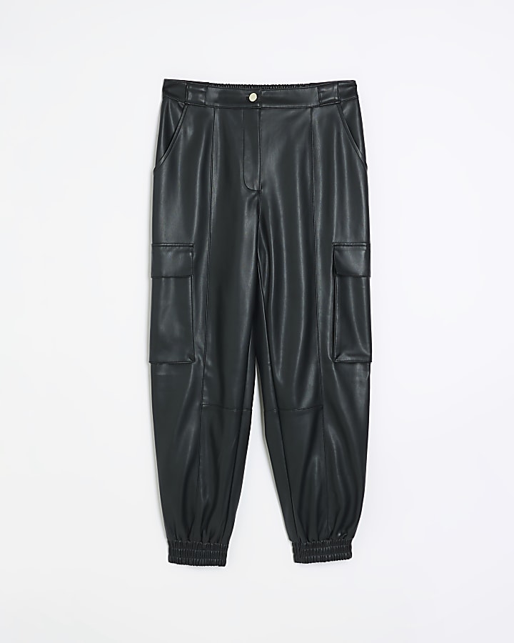 Black faux leather utility cargo trousers