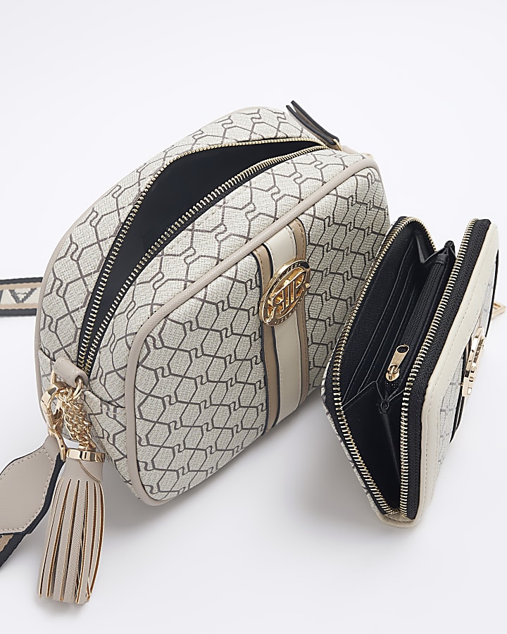 Beige RI monogram cross body bag bundle