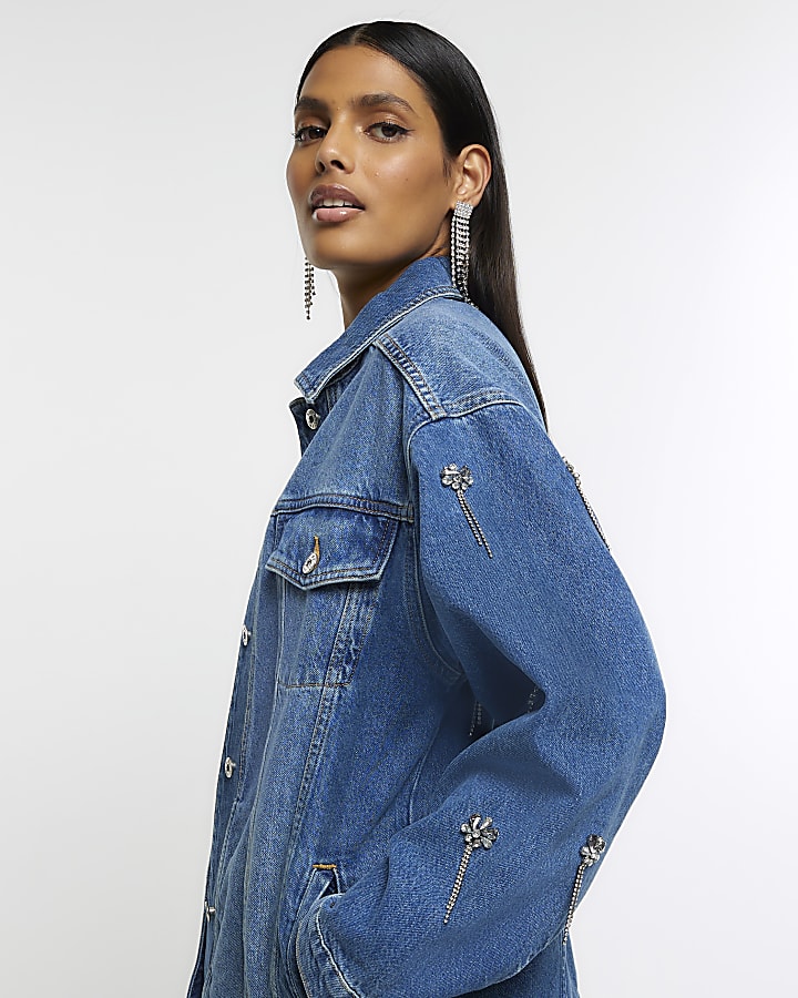 Blue embellished denim trucker jacket