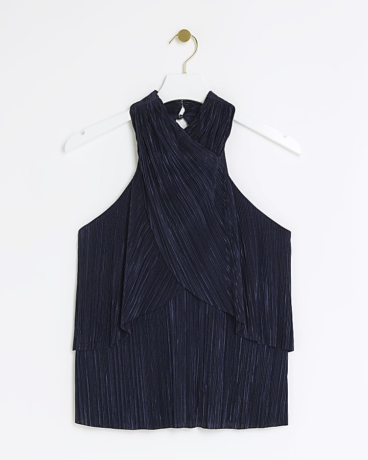 Navy plisse halter neck top