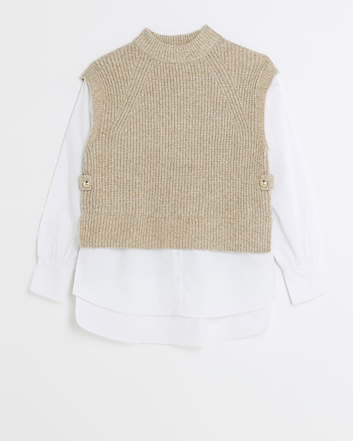 Beige shirt sleeve hybrid jumper