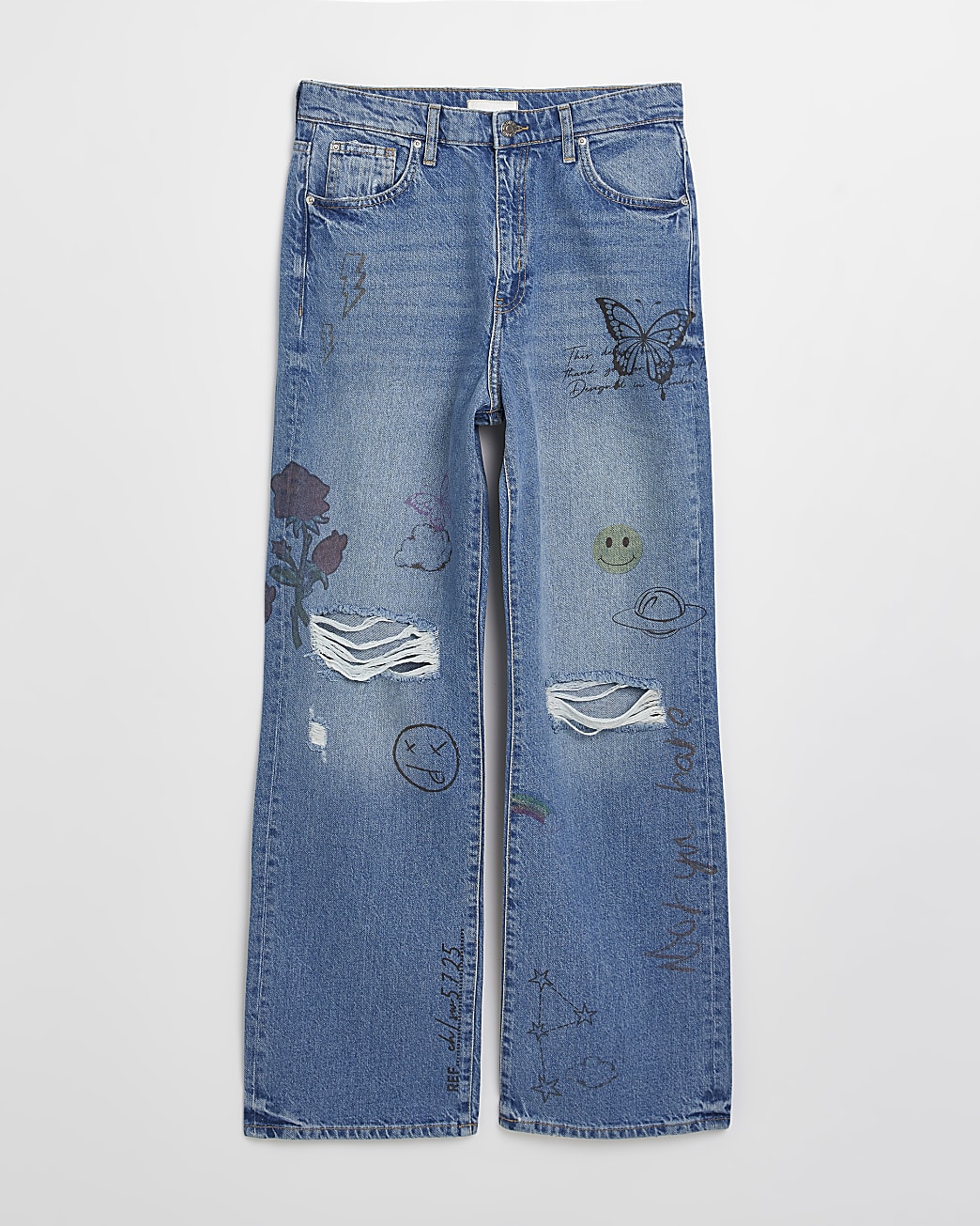 Blue ripped mid rise wide leg jeans