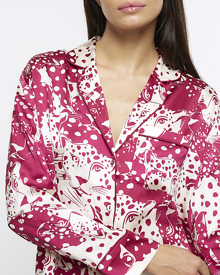 Pink satin animal print pyjama shirt