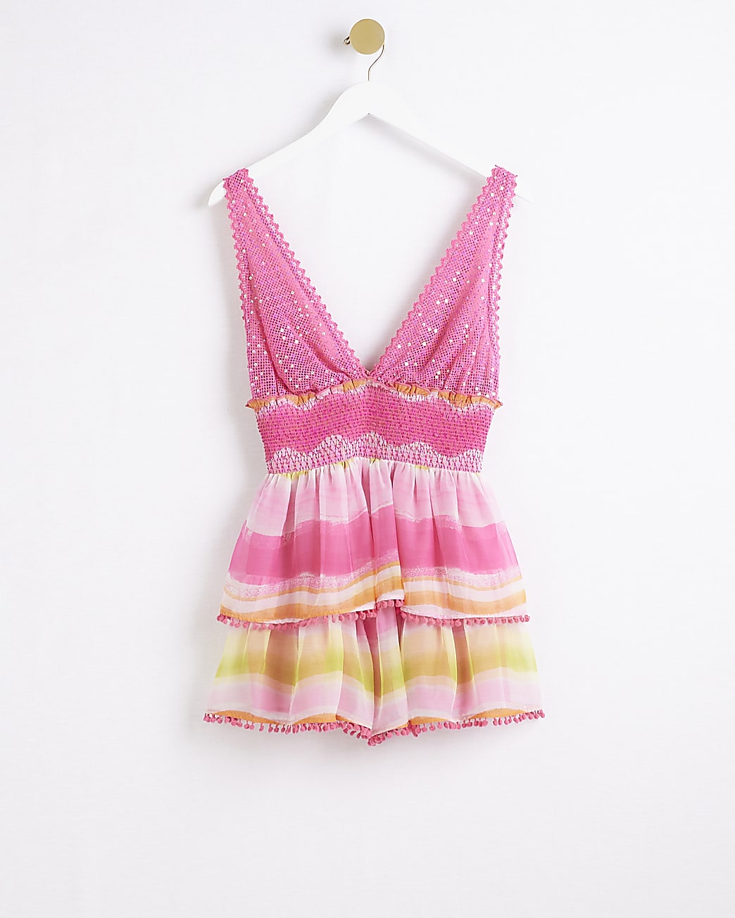 Pink plunge sequin stripe playsuit