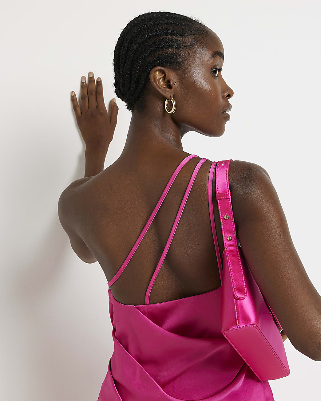 Pink satin wrap midi dress