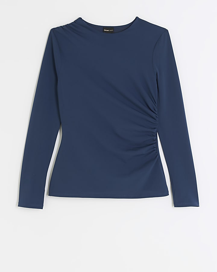 Navy ruched long sleeve top