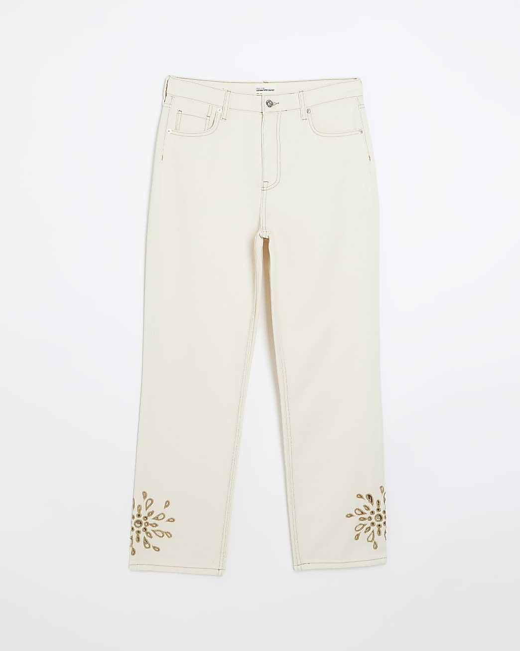 Ecru straight fit embroidered jeans