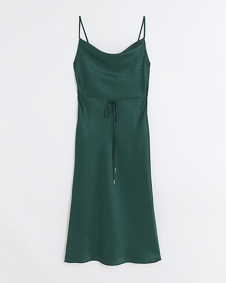 Green cowl neck slip midi dress