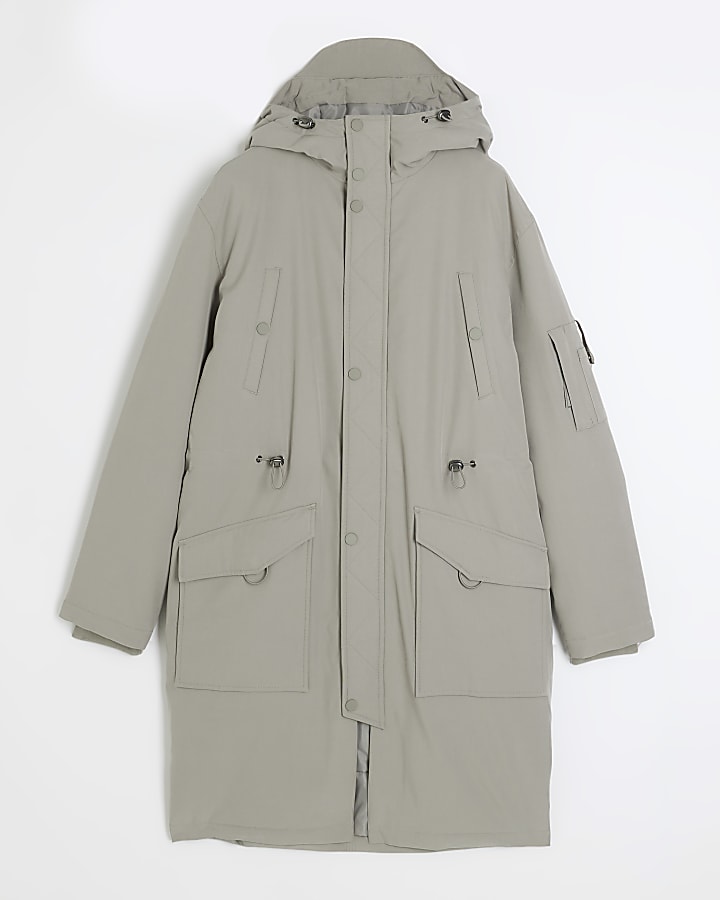 Grey hooded longline parka jacket