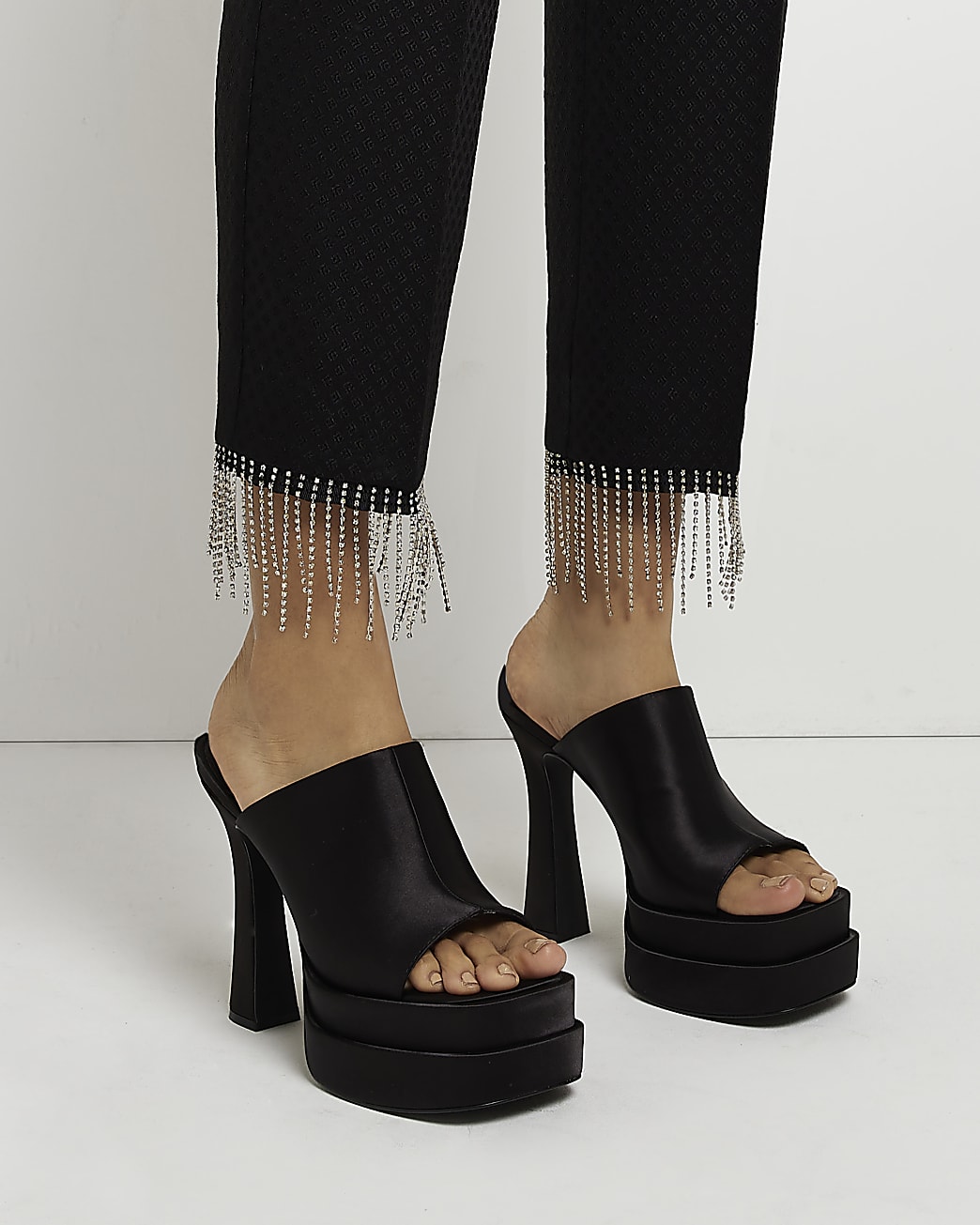 Black satin platform heeled mules