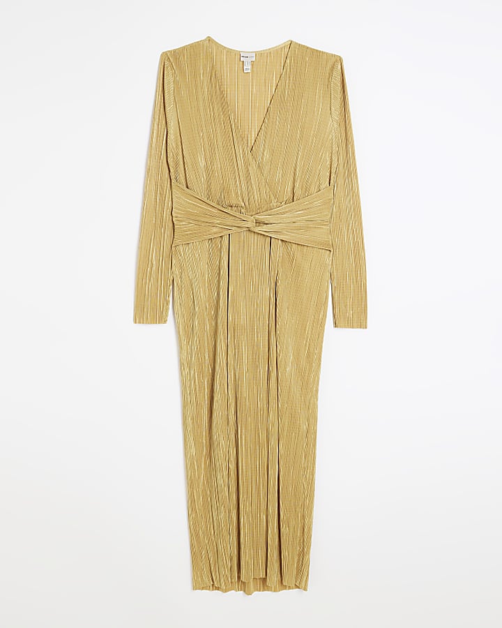 Gold front twist plunge plisse midi dress